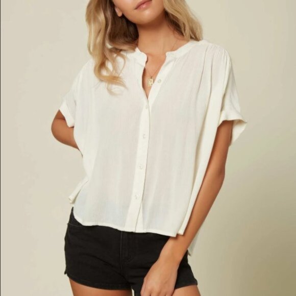 O'Neill Shelly Top Womens Off White Button Front Short Sleeve Blouse Size Small - Picture 1 of 7